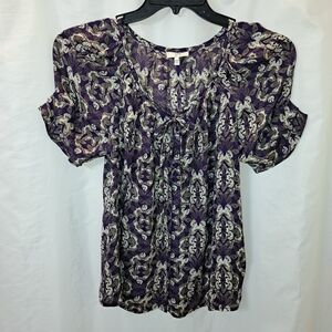 Joie 100% Silk Butterfly Purple  Blouse Puff Gathered Sleeves, Front Tie Sz S